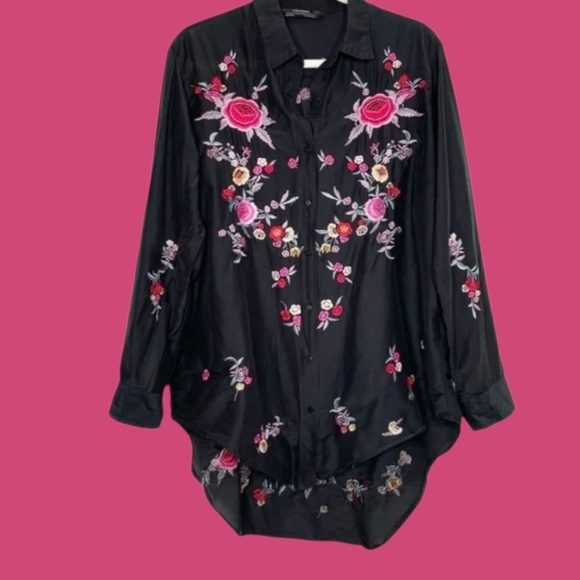 NEW, Zara Black Floral Spanish Shirt Size L - Picture 2 of 7